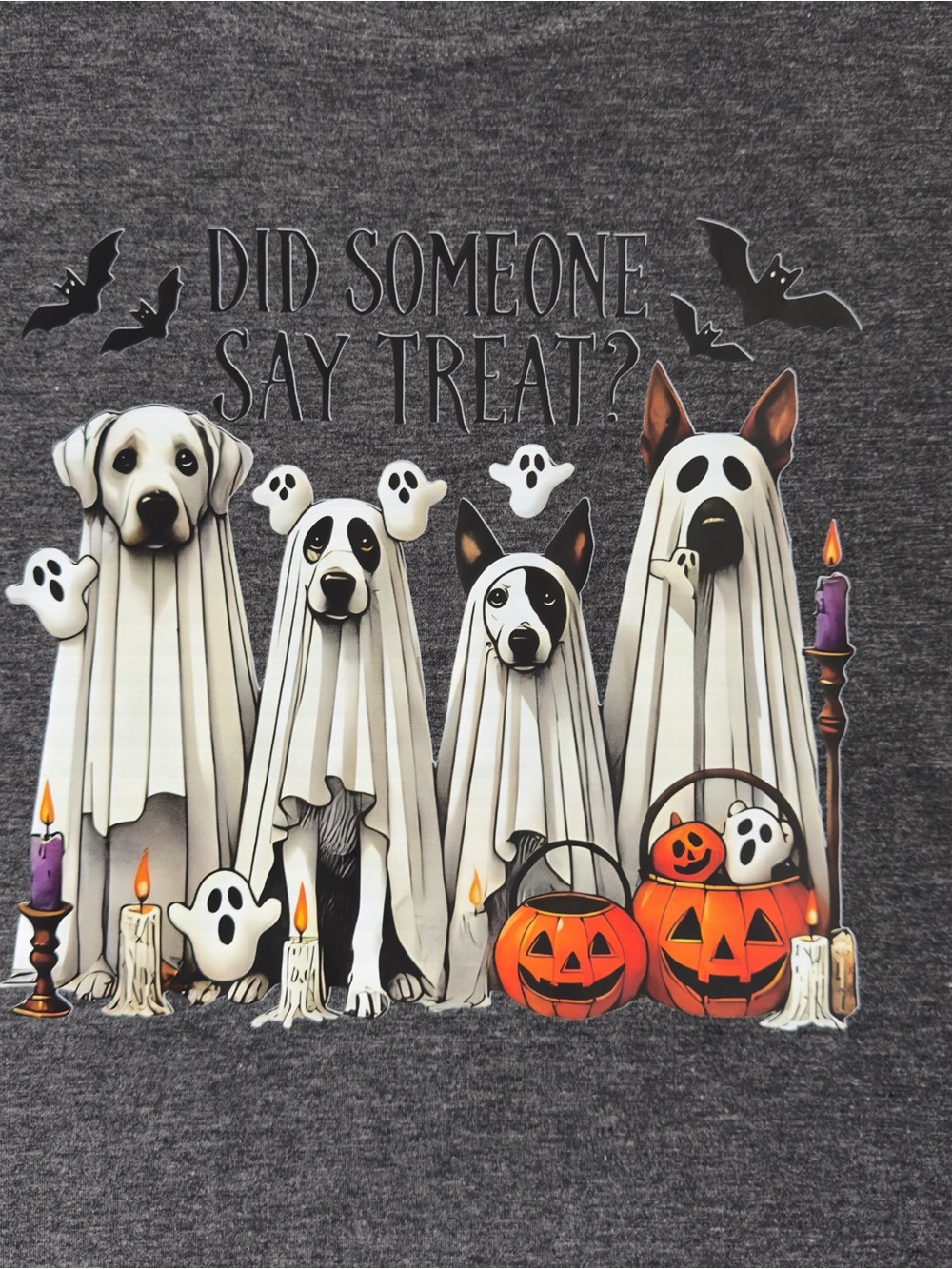 NWOT Halloween TEE Gray Small  'Did Someone Say Treat?'  Ghost Dogs and Pumpkins - Picture 2 of 7